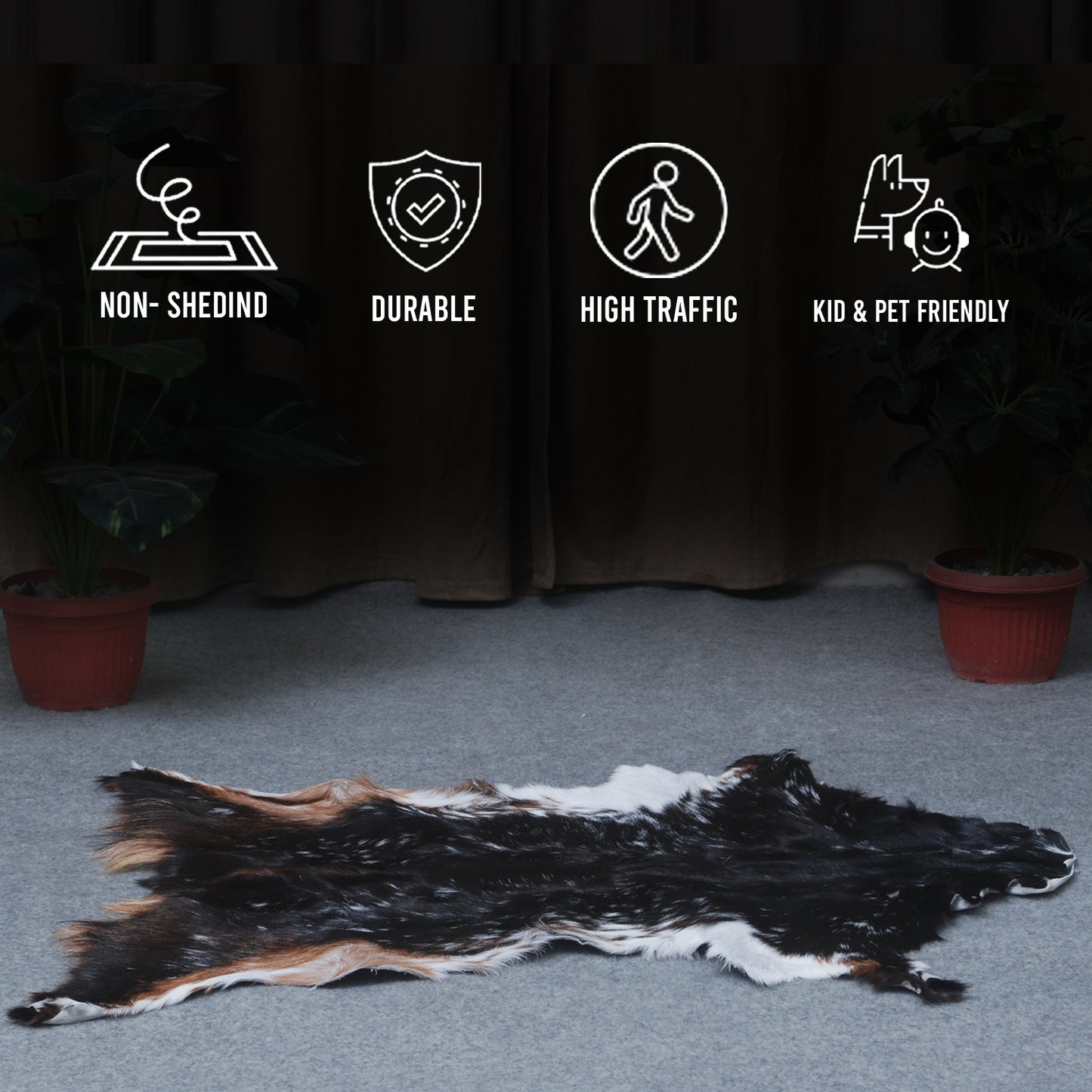 Authentic Hair-On Goat Skin Rug - Tri-Color Pattern for Stylish Home Décor