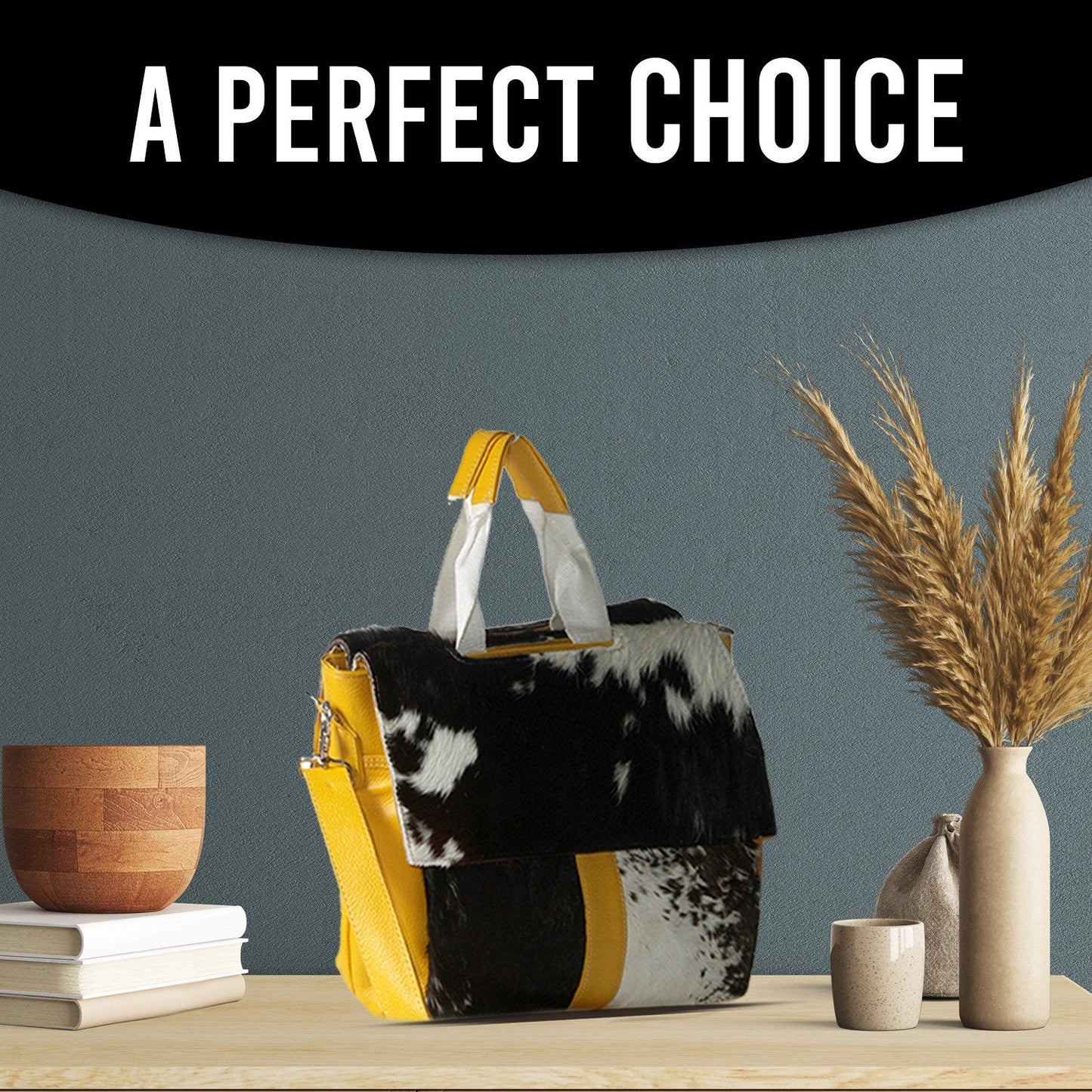 Stylish Natural Cowhide Leather Laptop Bag with Fur Accents & Yellow Straps - Eco-Friendly - Fashionable Business Briefcase for Ladies