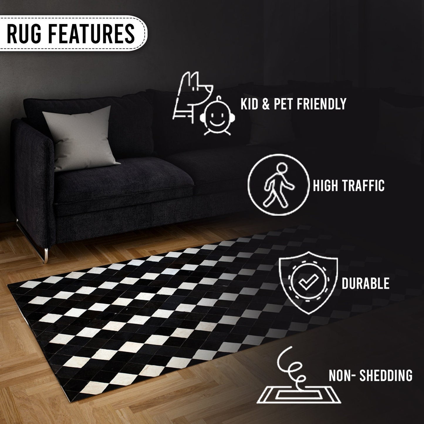 Luxurious Handmade Cowhide Patchwork Rug - Unique Natural Cow Skin Home Decor - Zig Zag Stitching - Genuine Leather Area Rug - Custom Sizes