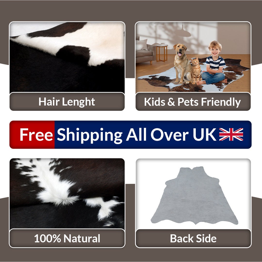 Luxurious Natural Cowhide Rug in Dark Brown and White Animal Print, Small Area Rug with Hypoallergenic, Non-Slip Back - Free Shipping