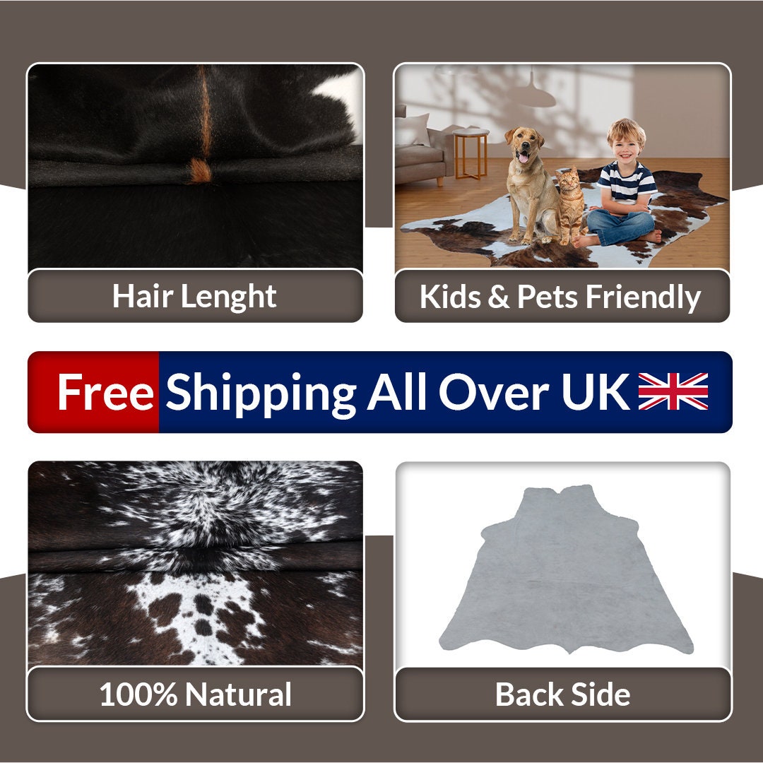 Luxurious Dark Brown & White Cowhide Rug - Hypoallergenic, Non Slippery Suede Back, Large Animal Print Carpet for Lounge