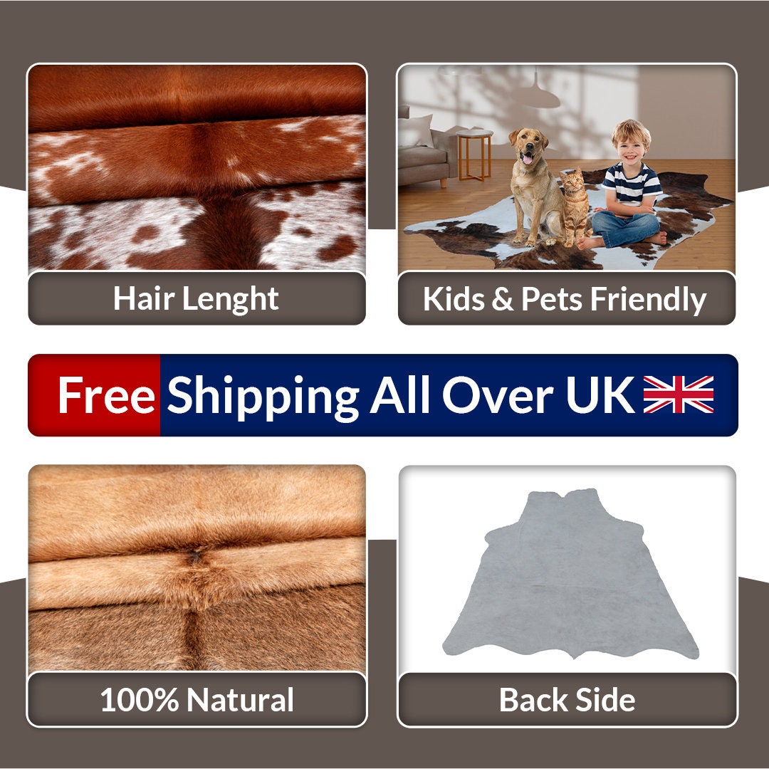 Luxury Brown & White Cowhide Rug | Hypoallergenic - Non-Slip | Premium Quality - Durable | Perfect for Bedroom - Living Room Décor | Free