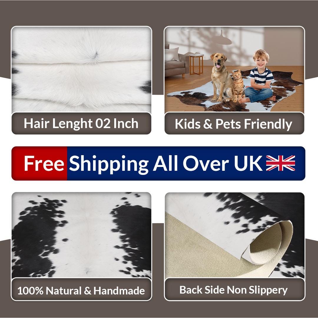 Luxurious Black and White Cowhide Rug - Handcrafted, Hypoallergenic, Non-Slip Backing, Unique Natural Beauty and Durability - Celestial Leather Limited