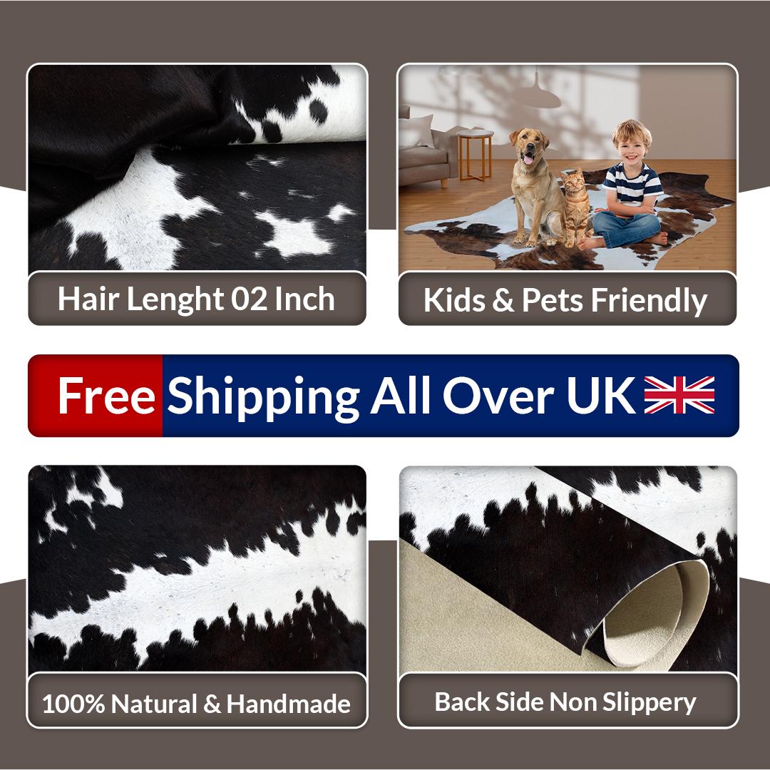 Luxurious Dark Brown & White Cowhide Rug - Hypoallergenic, Handcrafted, Unique Beauty - Durable Medium Cow Skin Rug for Modern Home Decor