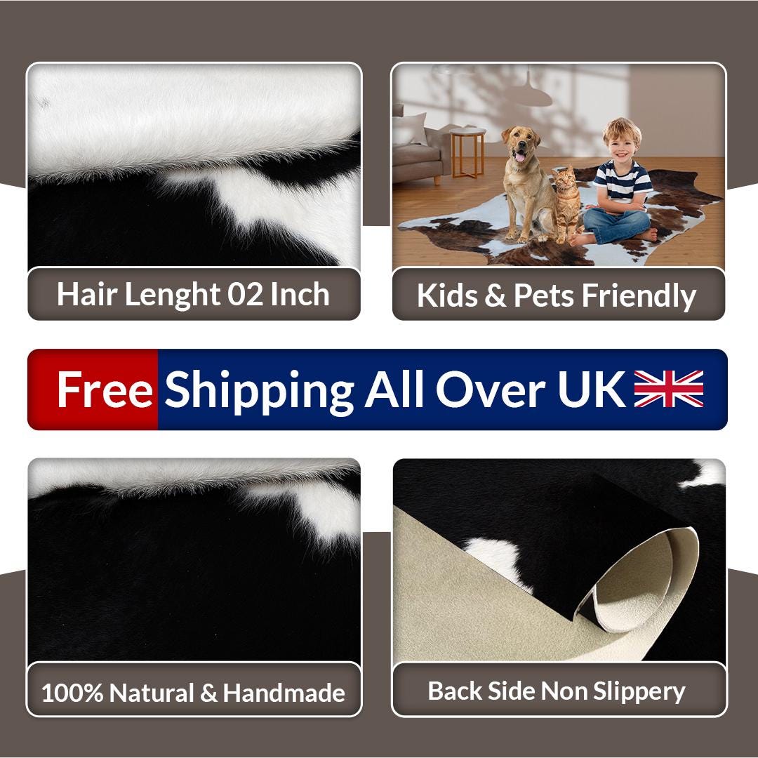 Luxury Black and White Cowhide Rug with Hair Animal Pattern - Medium Size, Handcrafted Hypoallergenic Rug for Rustic Charm and Durability