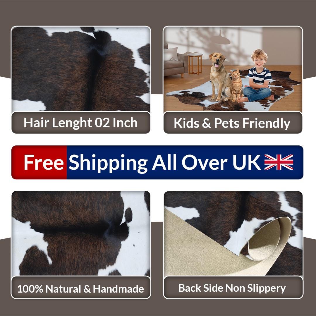 Handcrafted Dark Brown & White Cowhide Rug | Hypoallergenic - Non-Slip | Durable - Unique Medium Size 16-20 sq ft | Modern Home Decor