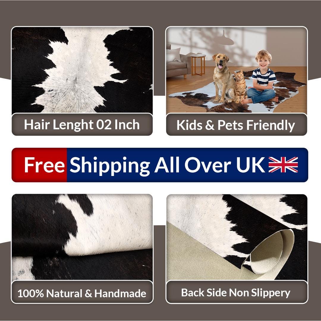 Luxurious Large Black & White Cowhide Rug with Natural Hair for Stylish Home Decor - Allergen-Free Living - Celestial Leather Limited