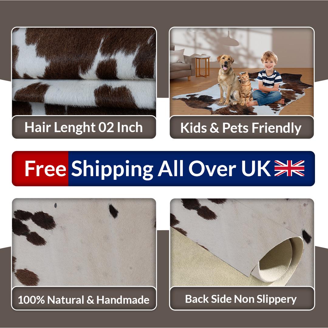 Luxury Brown & White Cowhide Rug for Elegant Home Decor - Hypoallergenic, Non-Slip, Non-Shedding - Perfect for Upholstery - Area Rugs - Free - Celestial Leather Limited