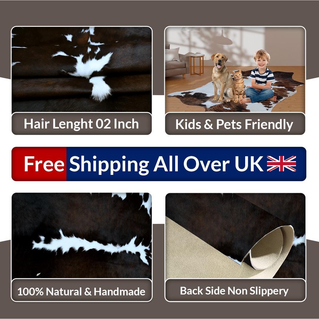 Luxurious Large Dark Brown & White Cow Skin Rug with Natural Hair for Bedroom or Living Room - Celestial Leather Limited