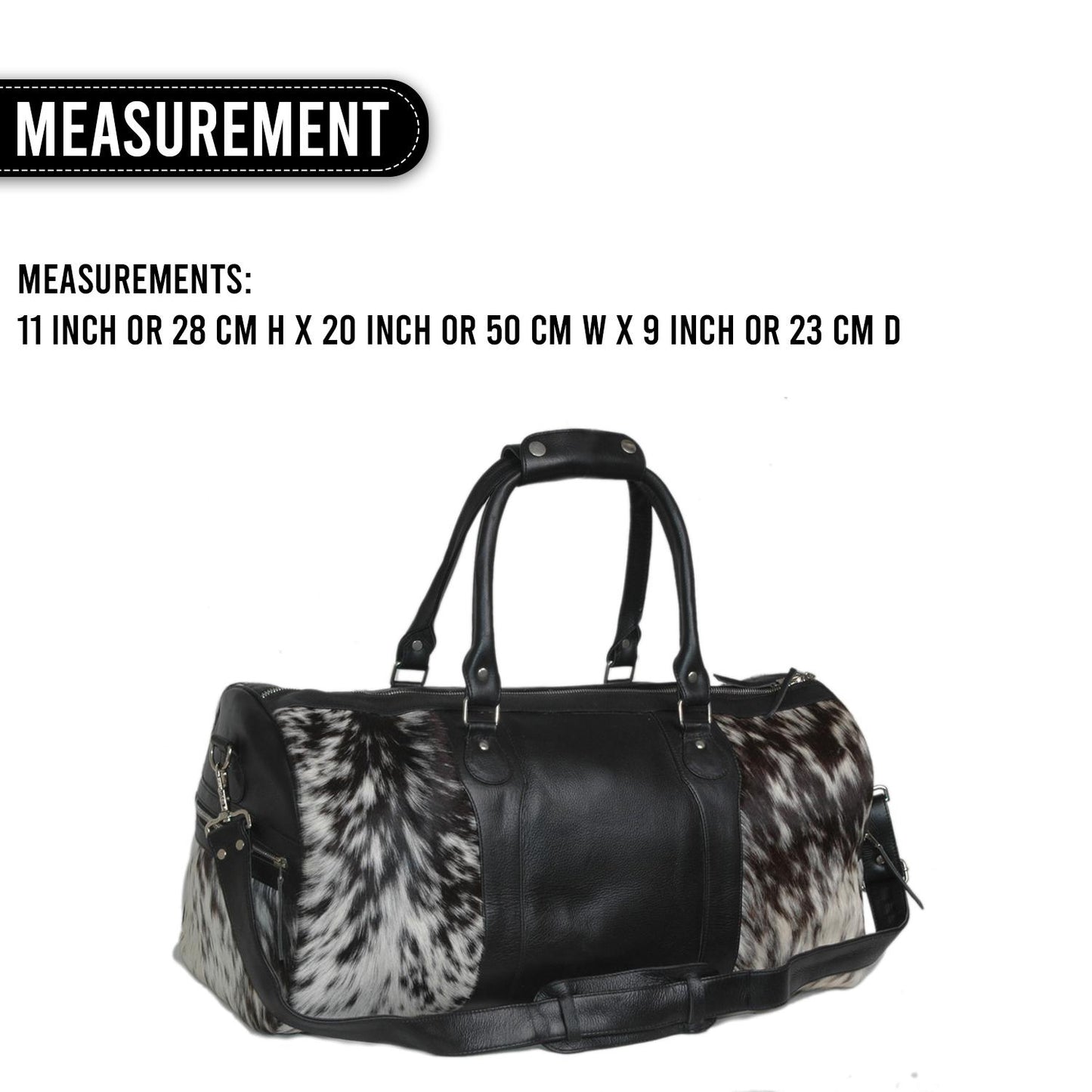 Handcrafted Black White Cowhide Leather Duffle Bag with Full-Grain Accents & Adjustable Strap - Premium Travel Tote for Men - Women