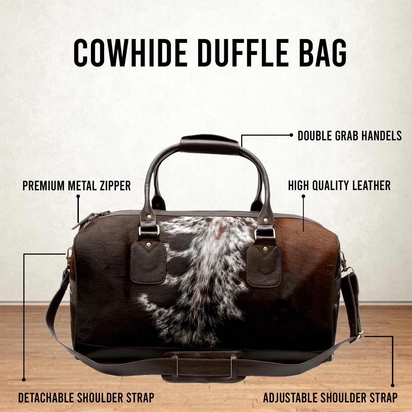 Luxurious Brown and White Cowhide Leather Duffle Bag with Hair on Hide Accents - Handcrafted Weekend Travel Overnight Bag for Men - Unique