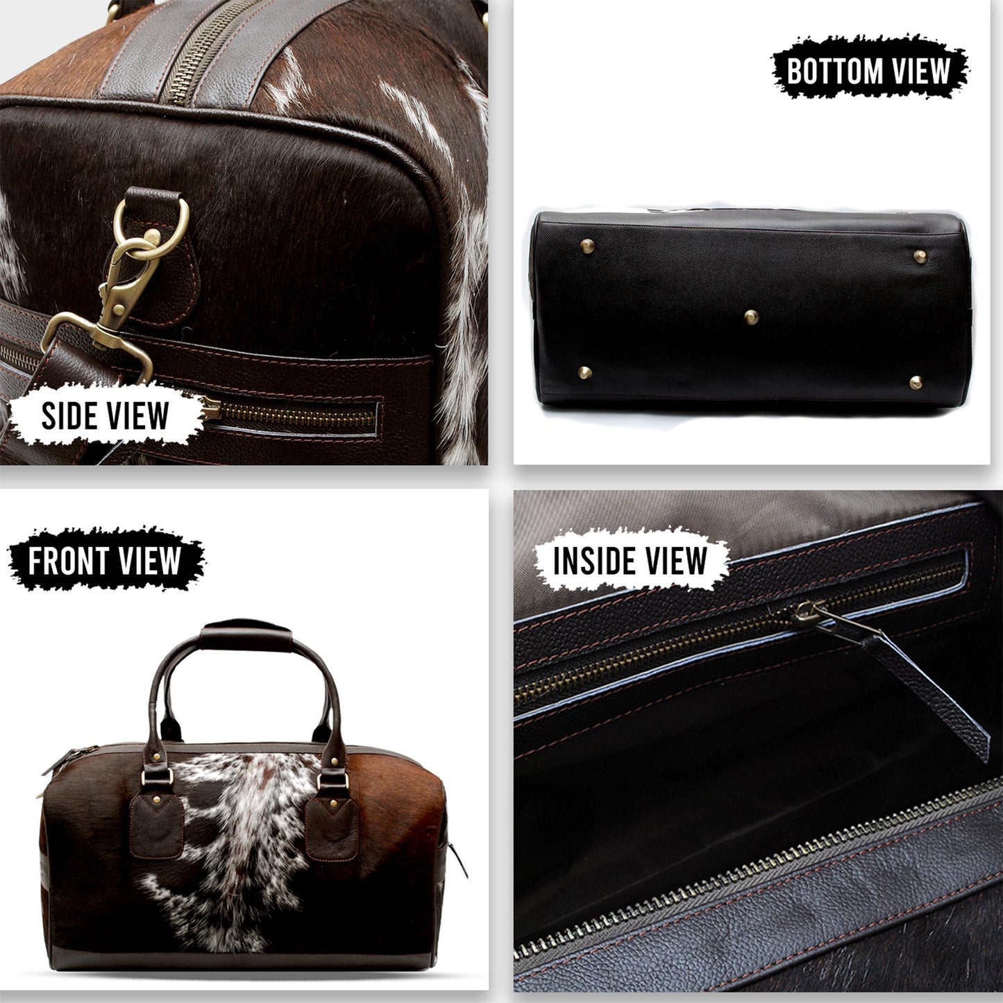Luxurious Brown and White Cowhide Leather Duffle Bag with Hair on Hide Accents - Handcrafted Weekend Travel Overnight Bag for Men - Unique
