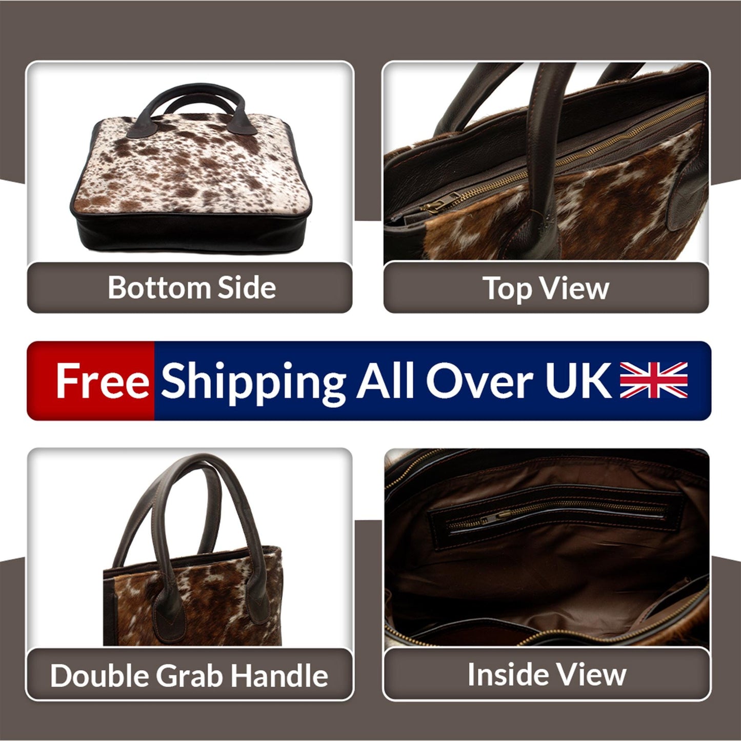 Chic Brown & White Cowhide Shoulder Bag - Handmade Leather Purse with Versatile Design - Spacious Compartments