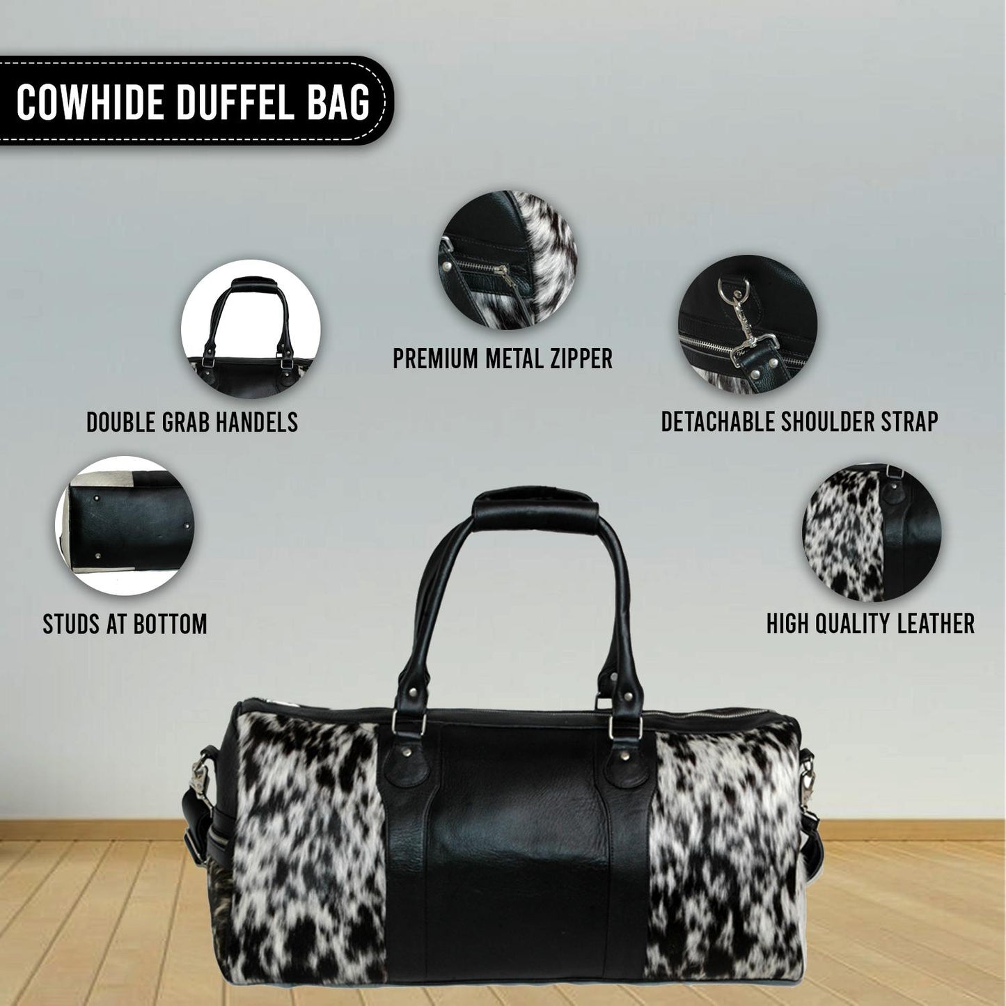 Handcrafted Black White Cowhide Leather Duffle Bag with Full-Grain Accents & Adjustable Strap - Premium Travel Tote for Men - Women