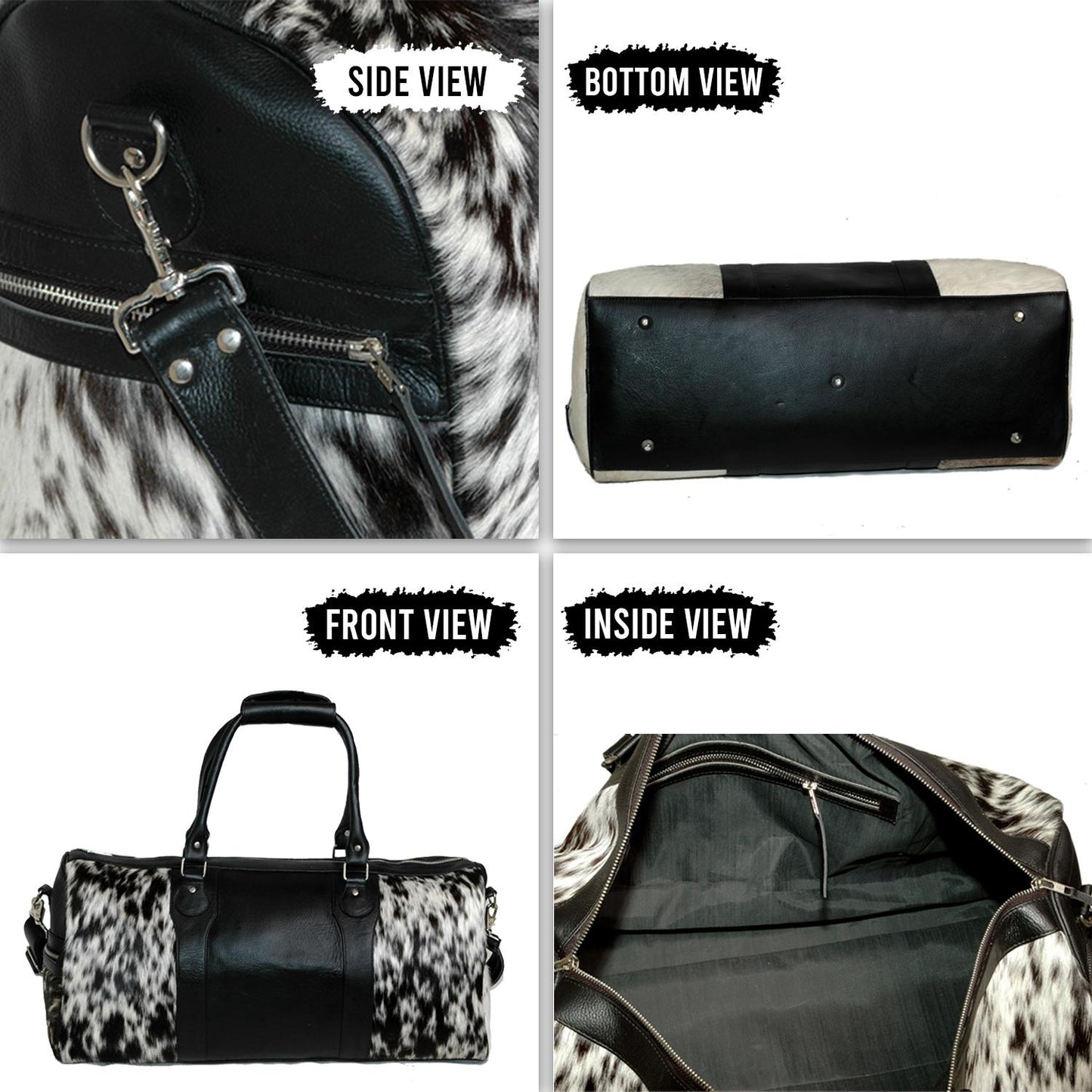 Handcrafted Black White Cowhide Leather Duffle Bag with Full-Grain Accents & Adjustable Strap - Premium Travel Tote for Men - Women