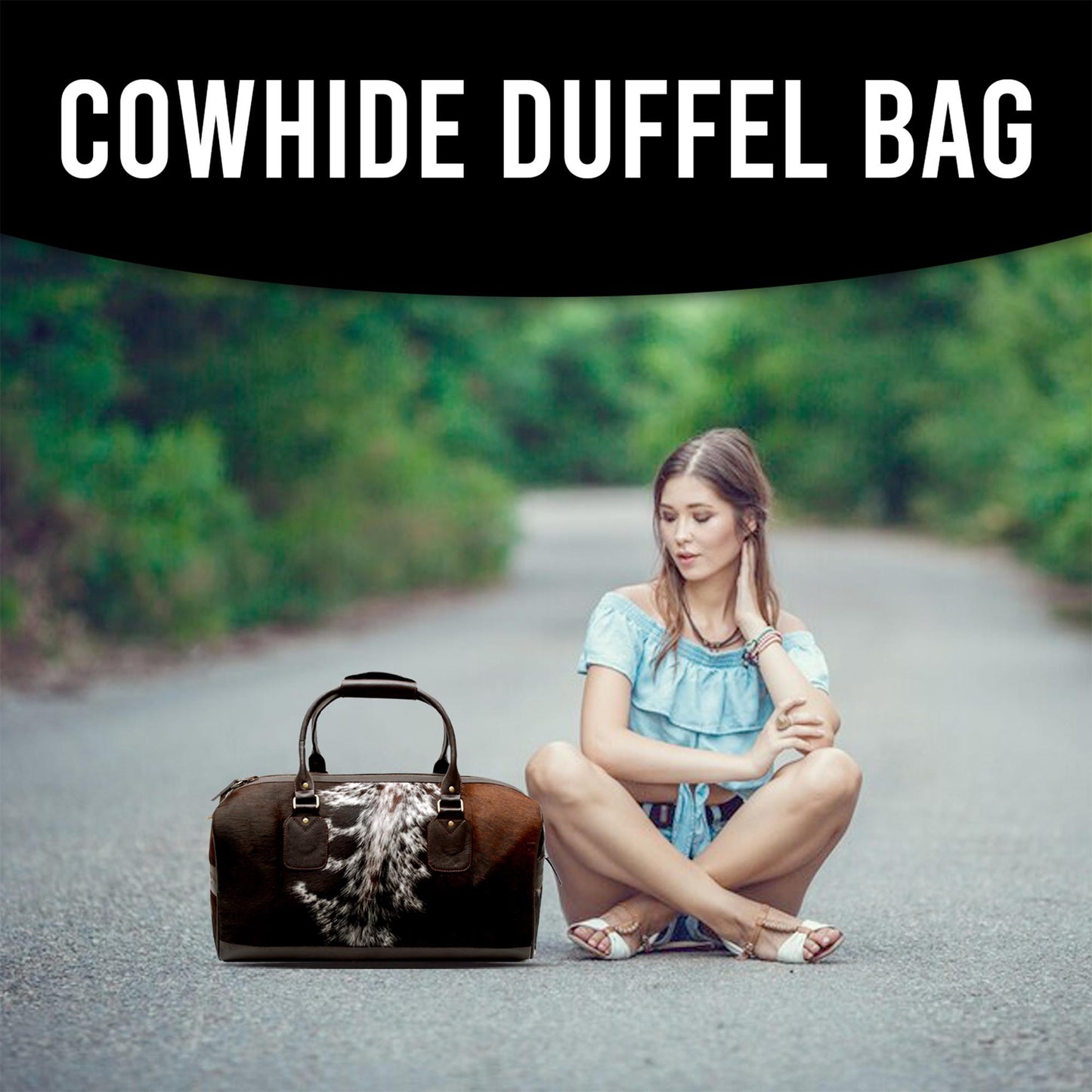 Luxurious Brown and White Cowhide Leather Duffle Bag with Hair on Hide Accents - Handcrafted Weekend Travel Overnight Bag for Men - Unique