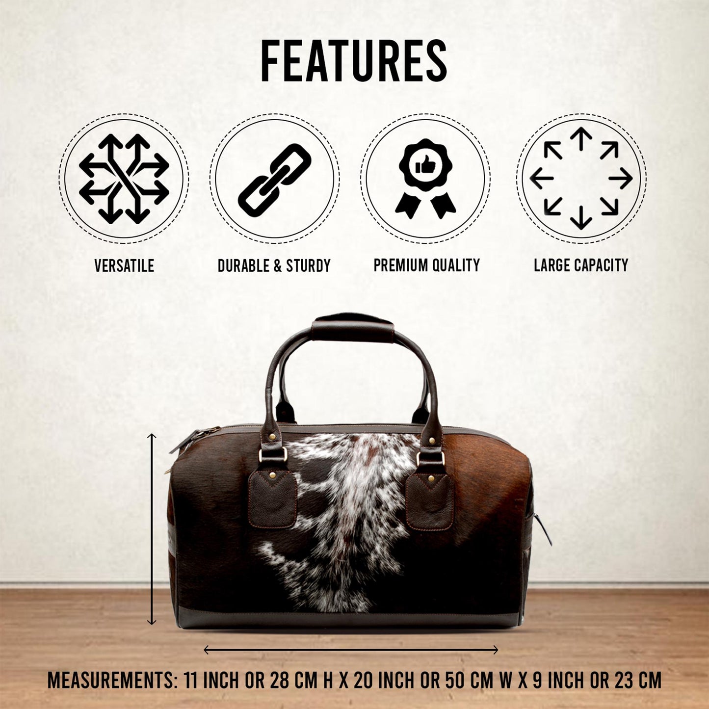 Luxurious Brown and White Cowhide Leather Duffle Bag with Hair on Hide Accents - Handcrafted Weekend Travel Overnight Bag for Men - Unique