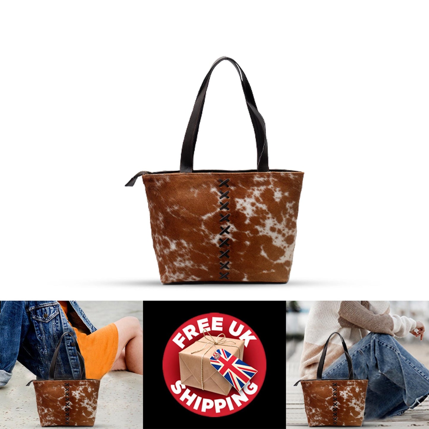 Stylish Brown & White Cowhide Shoulder Bag with Animal Print - Handmade Leather Tote for Women, Spacious - Fashionable Everyday Purse