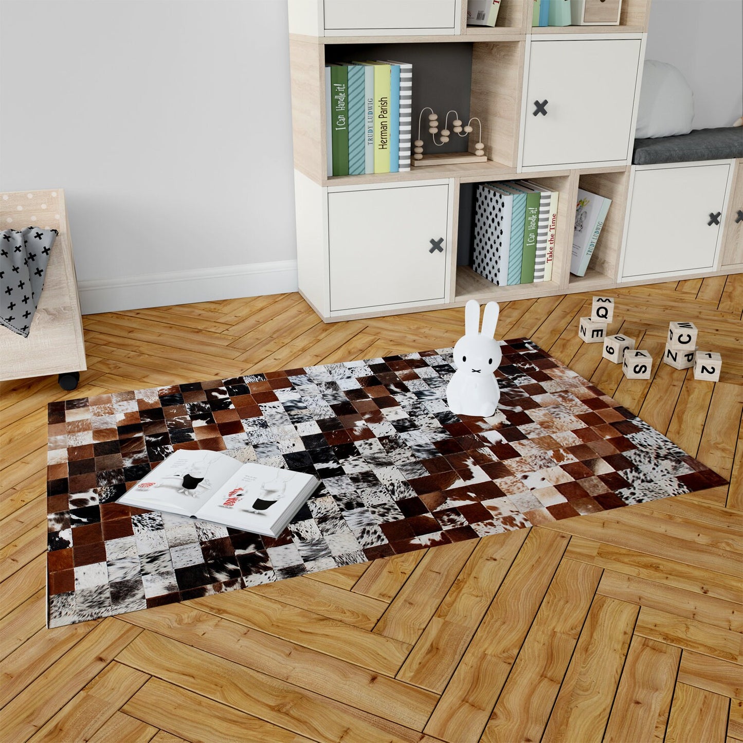 Unique Handmade Cowhide Patchwork Area Rug - Luxurious Leather Home Décor Accent - Zig Zag Stitching - Custom Sizes Available
