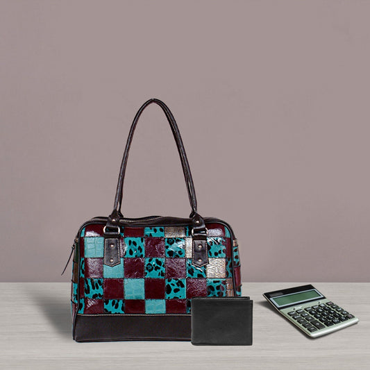 Handcrafted Leather Shoulder Bag with Unique Cowhide Markings and Vibrant Colourful Design
