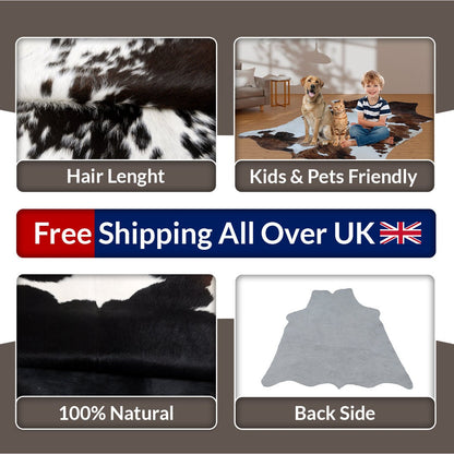 Luxury Black and White Cowhide Rug - Small Size, Hypoallergenic, Non Shedding, Handcrafted Beauty with Unique Natural Patterns