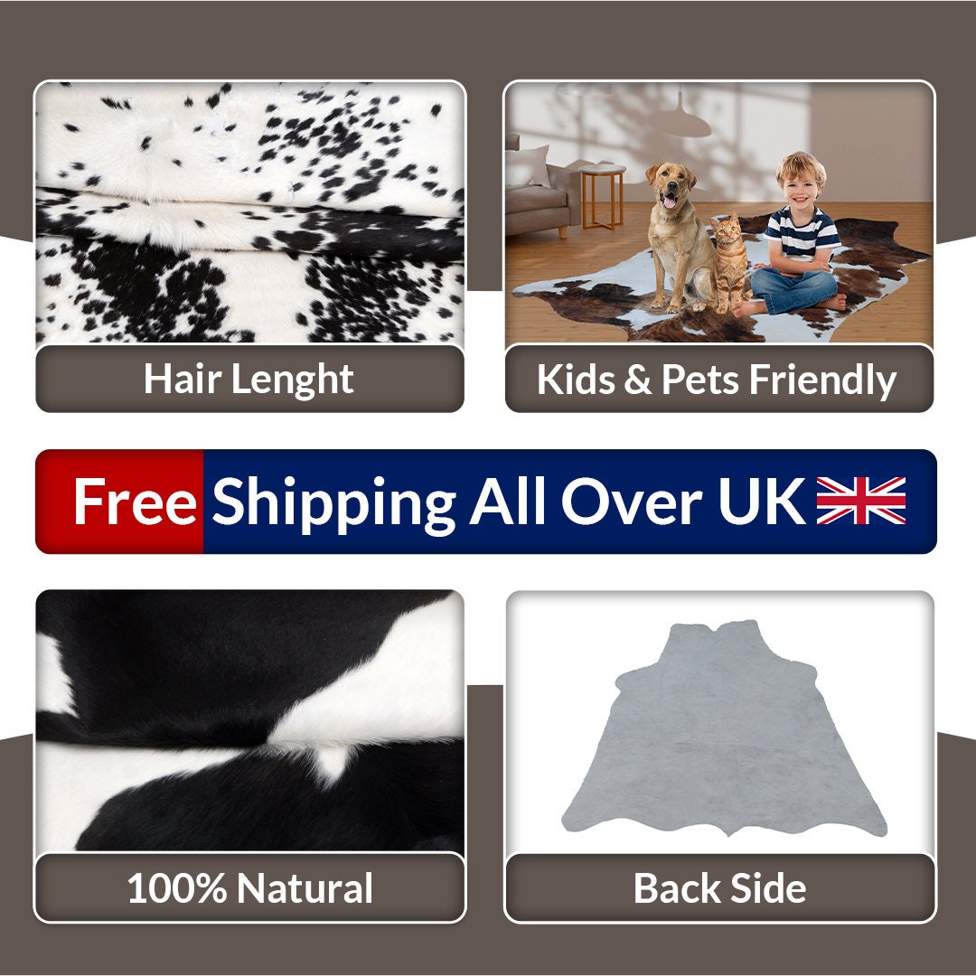 Luxurious Black & White Cowhide Rug | Medium Size Area Rug for Modern Home Décor | 100% Natural - Eco-Friendly | Hypoallergenic - Non-Slip
