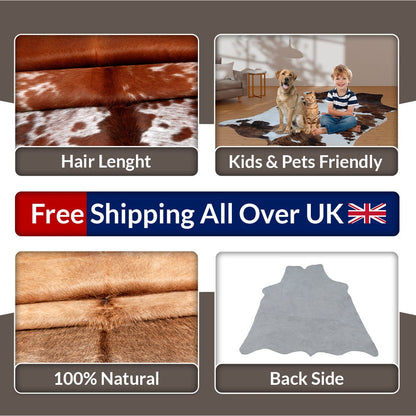 Luxury Brown & White Cowhide Rug | Hypoallergenic - Non-Slip | Premium Quality - Durable | Perfect for Bedroom - Living Room Décor | Free