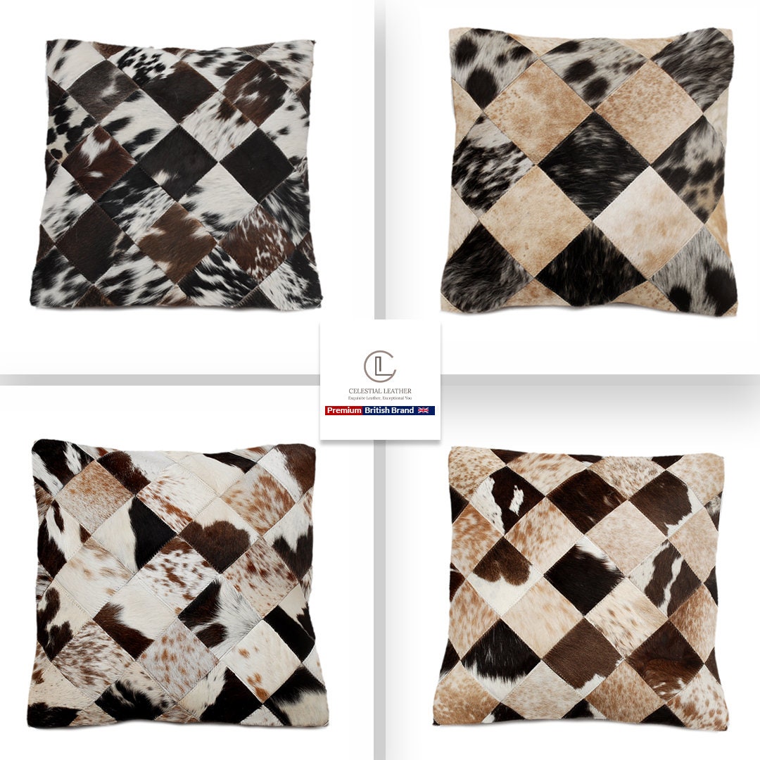 Stunning Multicolor Patchwork Cowhide Cushion Cover with Hypoallergenic Design-Includes Unique Animal Patterns & Soft Faux Leather Back