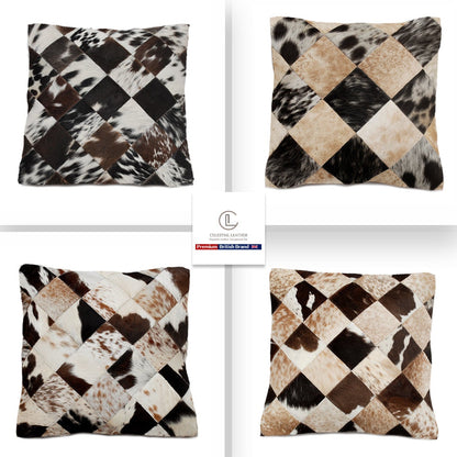 Stunning Multicolor Patchwork Cowhide Cushion Cover with Hypoallergenic Design-Includes Unique Animal Patterns & Soft Faux Leather Back
