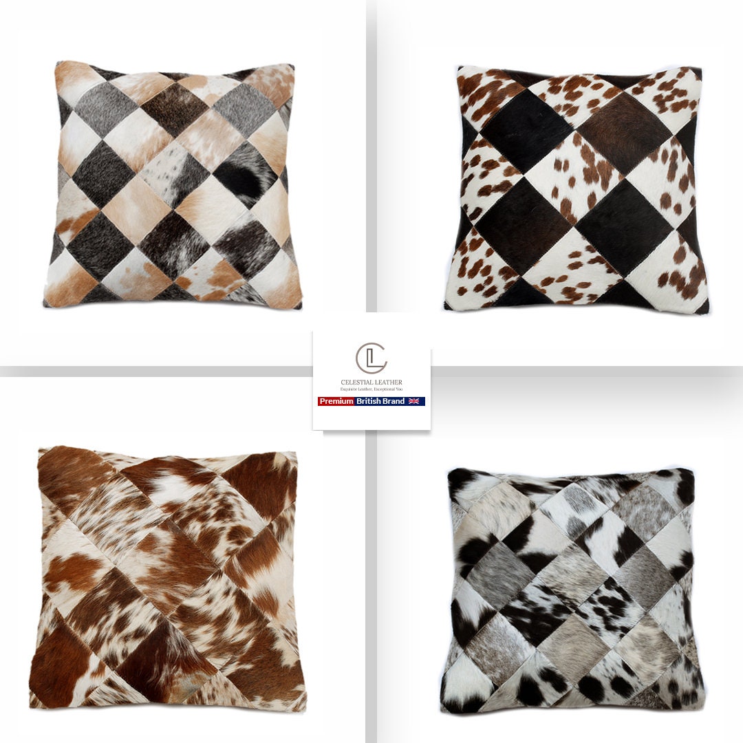 Handmade Multicolor Patchwork Cowhide Cushion Cover - Rustic Elegance & Natural Beauty - Luxurious - Hypoallergenic - Unique Animal Patterns