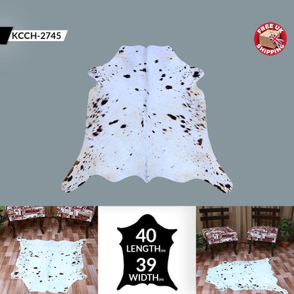 Luxury Hypoallergenic Natural Cowhide Rug with Non-Slip Suede Back - Brown & White Hair Small Area Rug for Home Decor - Handcrafted Premium