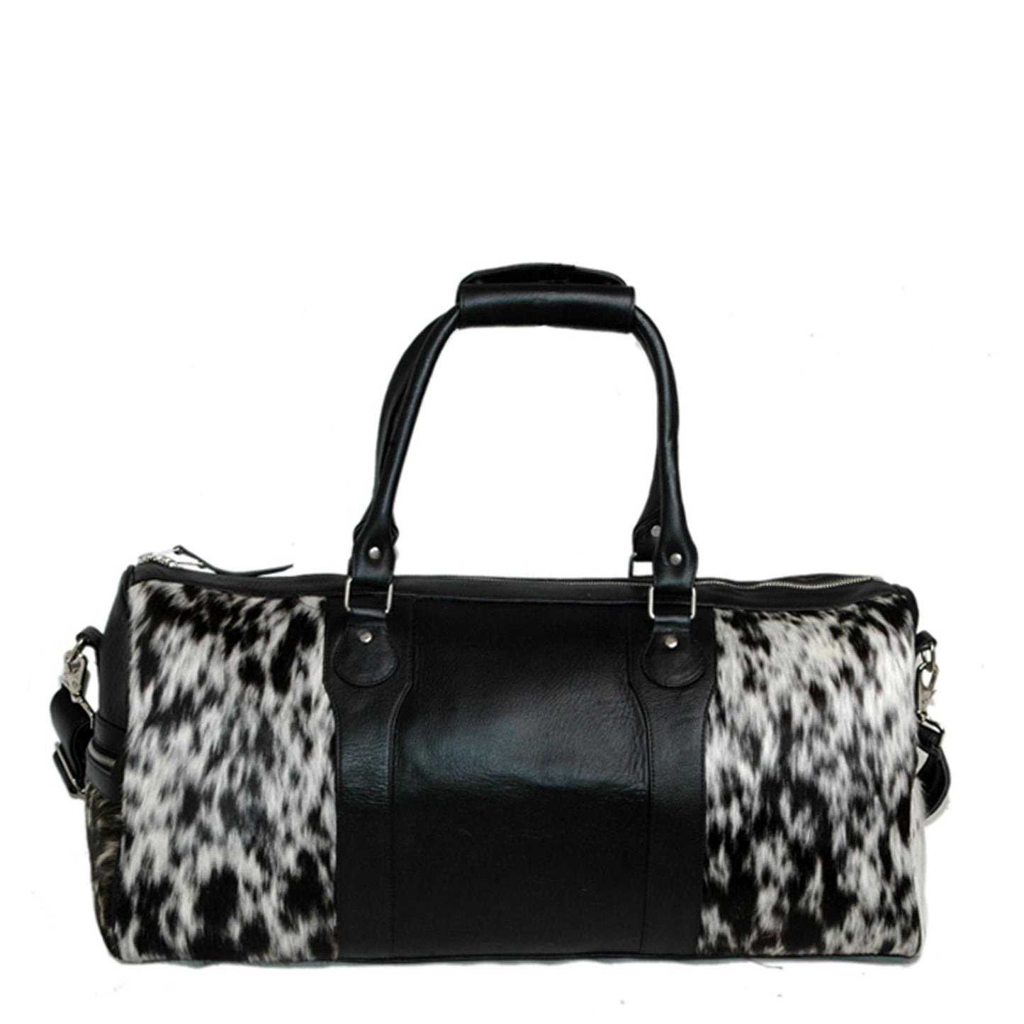 Handcrafted Black White Cowhide Leather Duffle Bag with Full-Grain Accents & Adjustable Strap - Premium Travel Tote for Men - Women