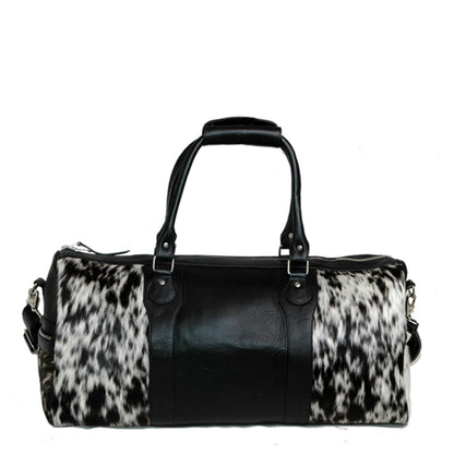 Handcrafted Black White Cowhide Leather Duffle Bag with Full-Grain Accents & Adjustable Strap - Premium Travel Tote for Men - Women