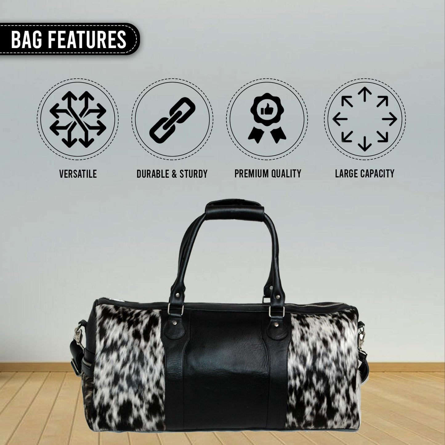 Handcrafted Black White Cowhide Leather Duffle Bag with Full-Grain Accents & Adjustable Strap - Premium Travel Tote for Men - Women