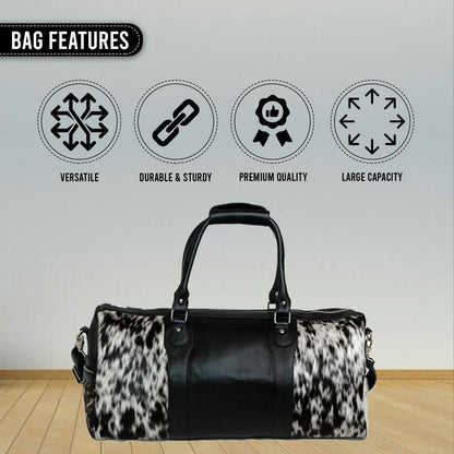 Handcrafted Black White Cowhide Leather Duffle Bag with Full-Grain Accents & Adjustable Strap - Premium Travel Tote for Men - Women