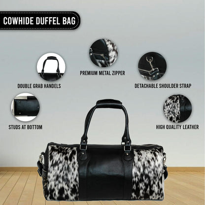 Handcrafted Black White Cowhide Leather Duffle Bag with Full-Grain Accents & Adjustable Strap - Premium Travel Tote for Men - Women