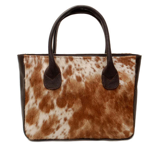 Stylish Brown and White Cowhide Shoulder Bag, Handmade Tote with Animal Print, Spacious and Versatile, Easy to Clean, Fast Shipping