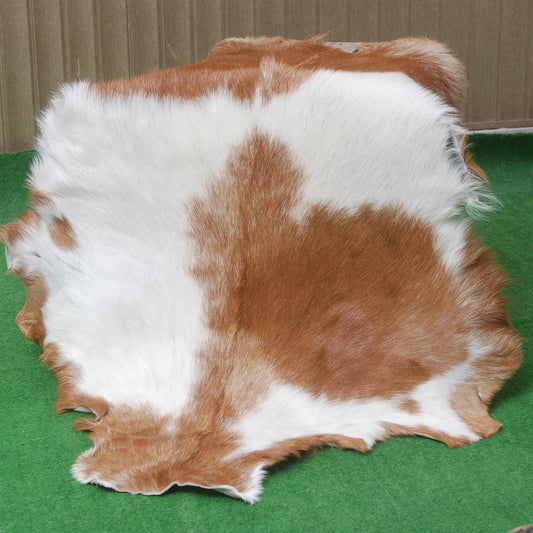 Luxury Brown and White Natural Goat Skin Rug with Modern Graphic Pattern for Stylish Wall Décor - Hypoallergenic and Non-Shedding,